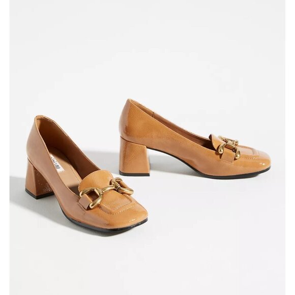 Anthropologie Bibi Lou Valencia Leather Loafer Heels in Camel Patent  37 / US 7 - Picture 1 of 16